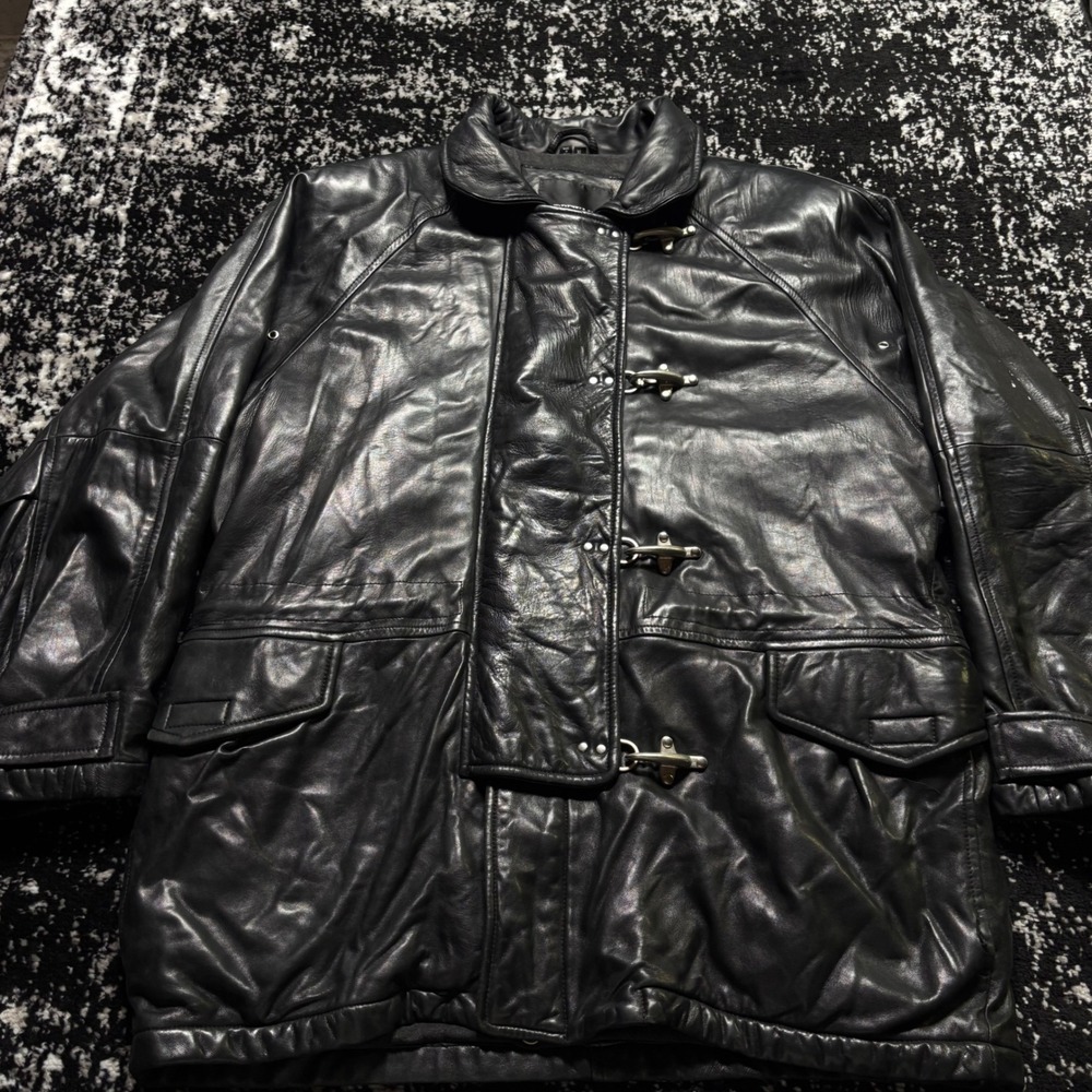Andrew Marc New York Black Leather Toggle Field Fireman's Clasp JacketXL Vintage